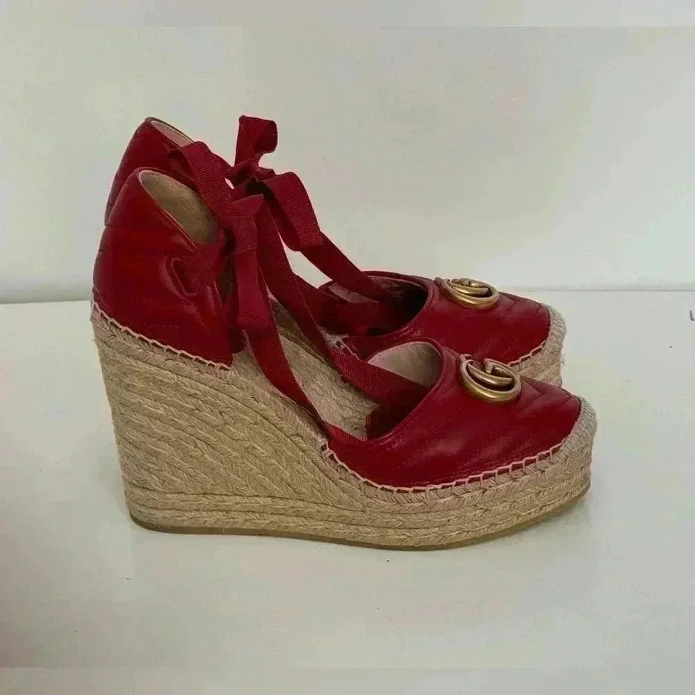 Gucci Red Leather Wedge Espadrilles with Gold Double G - Picture 2 of 6